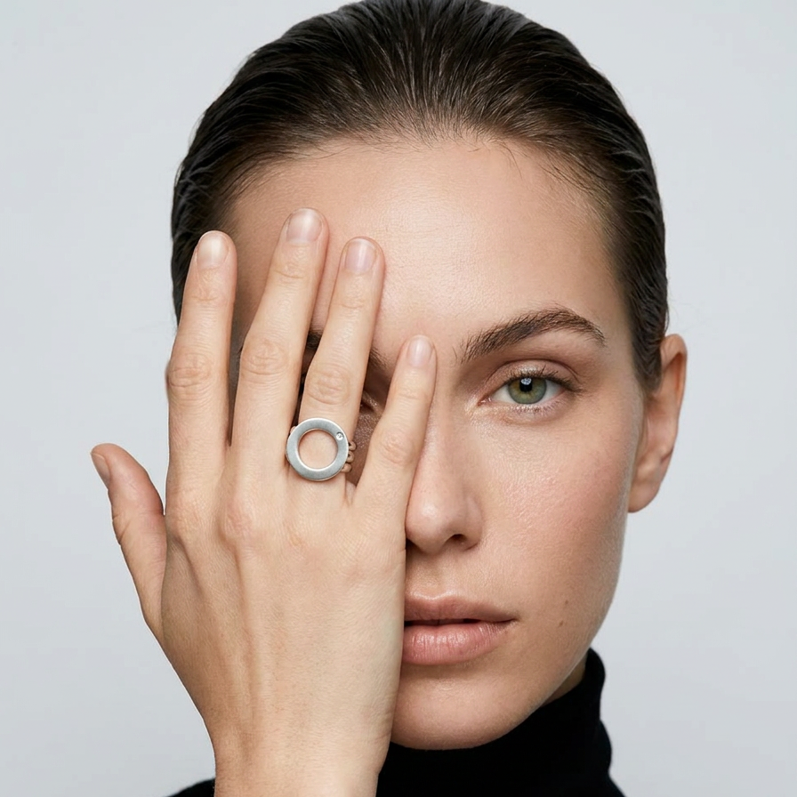 Ring CIRCLE von Flamesilver aus rhodiniertem Silber 925 mit echtem Diamant, kreisförmig und schlicht