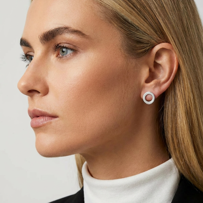 Ohrringe Kreis-Design von Flamesilver aus rhodiniertem Silber 925 mit echtem Diamant, handgefertigt