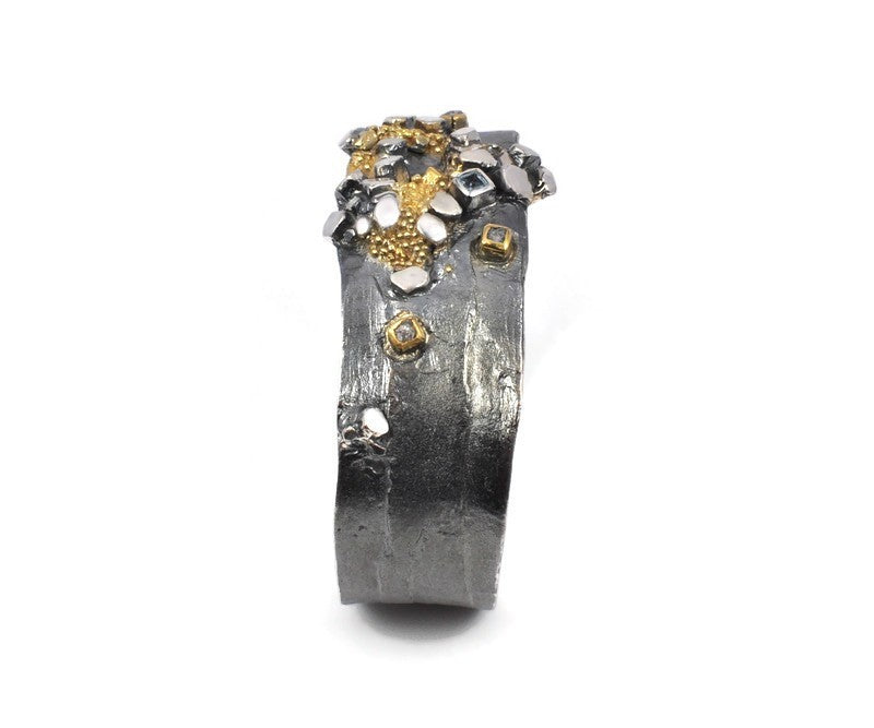 Oxidiertes, vergoldetes Silberarmband mit Diamanten und Blau Topas