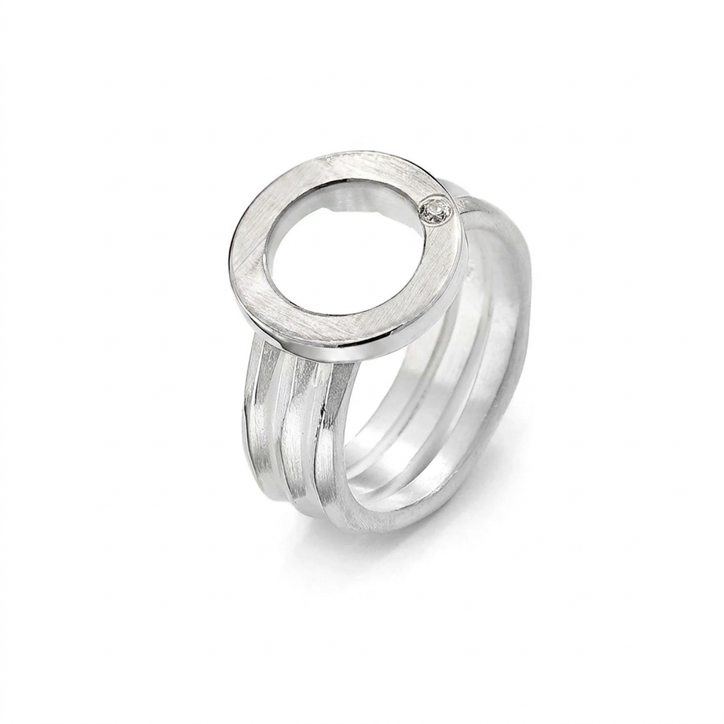 Ring Circle aus Silber 925 rhodiniert mit echtem Diamant von Flamesilver, kreisförmiges Design, silberner Schmuckring