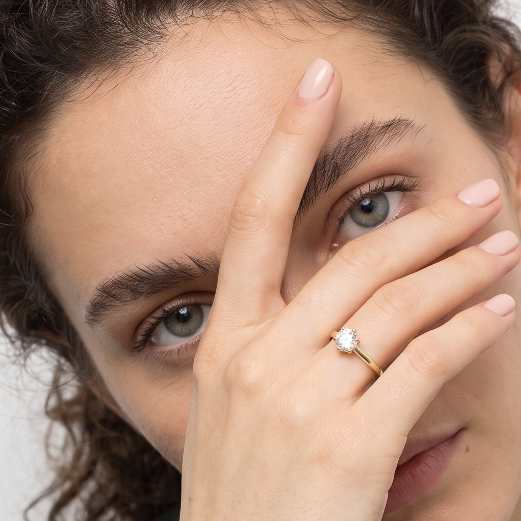 Ring W0535 aus 585er Gelbgold mit Labordiamant 0,50 ct – an der Hand vor dem Gesicht zur grünen Bluse