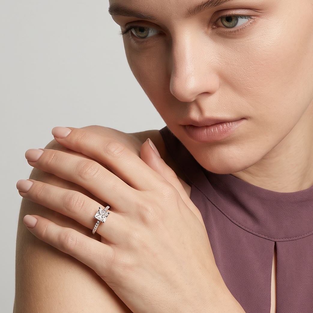 Ring W0589 aus 585er Gelbgold mit Labordiamant – an der Hand zum pflaumenfarbenen Top