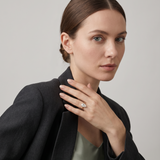 Ring W0689 aus 585er Gelbgold mit Labordiamant – an der Hand am Kragen zum dunklen Blazer