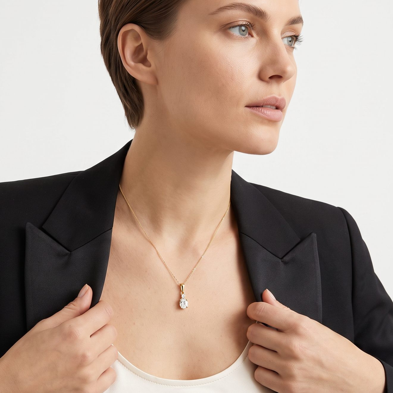 Anhänger Z0001 aus 585er Gelbgold mit Labordiamant – am Dekolleté zum schwarzen Blazer und hellen Top