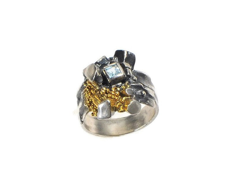 Oxidierter Silberring mit Blau Topas