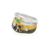Oxidierter Silberring mit Diamant und Smaragd
