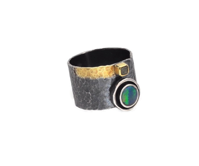 Silberring mit doppeltem Opal und Diamantsteinen