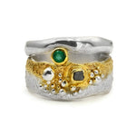 Vergoldeter Silberring mit Diamant und Smaragd