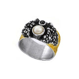 Ring aus vergoldetem, oxidiertem Silber mit Perle und schwarzem Diamanten