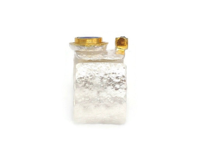 Vergoldeter Silberring mit doppeltem Opalstein und Diamant