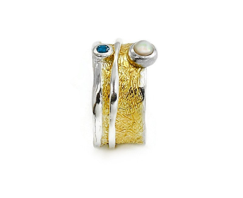 Vergoldeter Silberring mit Perle und Blau Topas