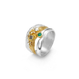 Vergoldeter Silberring mit Diamant und Smaragd