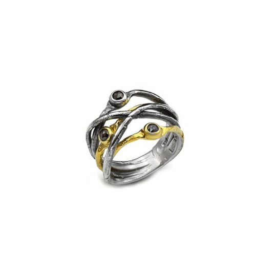 Ring aus vergoldetem Silber, verflochten und oxidiert mit schwarzen Diamanten