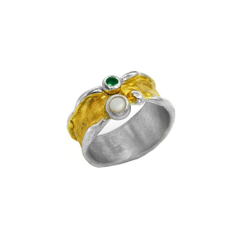 Vergoldeter Silberring mit Perle und Smaragd